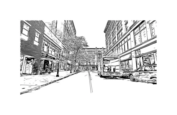 Print Building View Landmark Lowell Stad Massachusetts Handritad Skiss Illustration — Stock vektor