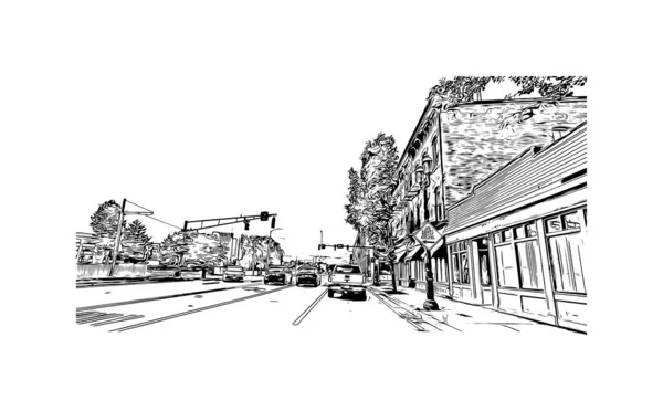 Print Building View Landmark Lowell City Massachusetts Hand Drawn Sketch — Vettoriale Stock