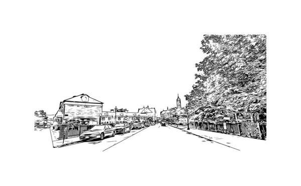 Print Building View Landmark Lowell City Massachusetts Hand Drawn Sketch — Stockvektor