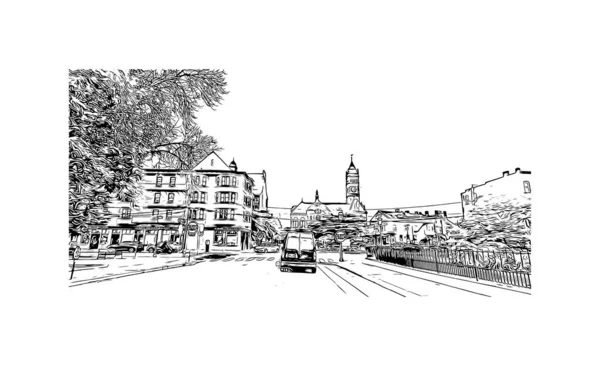 Print Building View Landmark Lowell City Massachusetts Hand Drawn Sketch —  Vetores de Stock