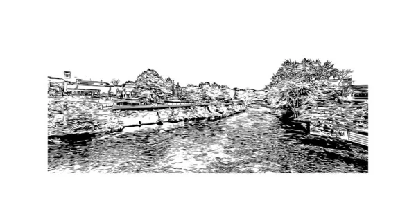 Print Building View Landmark Lowell City Massachusetts Hand Drawn Sketch — Image vectorielle