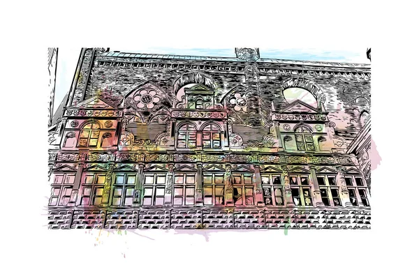 Print Building View Landmark Lubeck City Germany Watercolor Splash Hand — Vetor de Stock