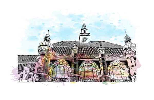 Print Building View Landmark Lubeck City Germany Watercolor Splash Hand — Stock vektor