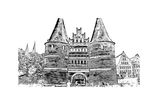 Print Building View Landmark Lubeck City Germany Hand Drawn Sketch — Διανυσματικό Αρχείο