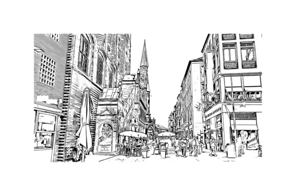 Vytisknout Pohled Budovu Orientačním Bodem Lubecku Město Německu Ručně Kreslená — Stockový vektor