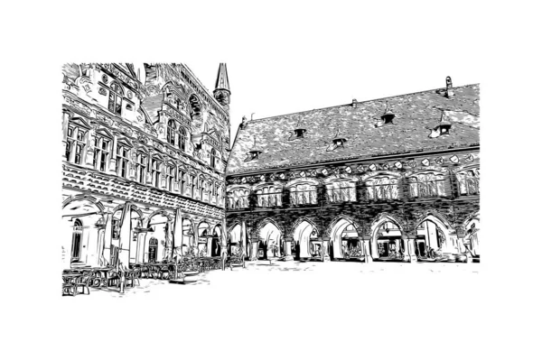 印刷ルベックのランドマークとビルの景色はドイツの街です 手描きのスケッチ図ベクトル — ストックベクタ