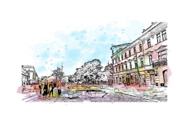 Lublin 'in simgesi olan Print Building View, Polonya' nın başkentidir. Vektörde elle çizilmiş resim ile suluboya sıçraması.