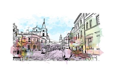 Lublin 'in simgesi olan Print Building View, Polonya' nın başkentidir. Vektörde elle çizilmiş resim ile suluboya sıçraması.
