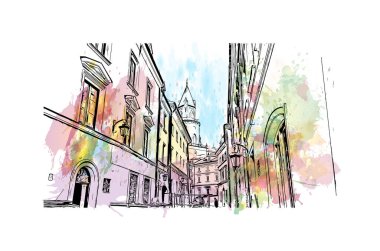 Lublin 'in simgesi olan Print Building View, Polonya' nın başkentidir. Vektörde elle çizilmiş resim ile suluboya sıçraması.