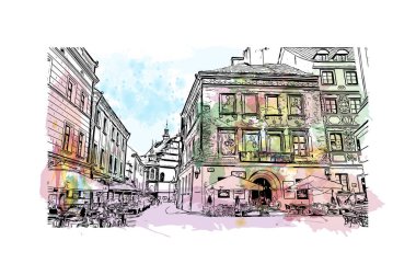 Lublin 'in simgesi olan Print Building View, Polonya' nın başkentidir. Vektörde elle çizilmiş resim ile suluboya sıçraması.