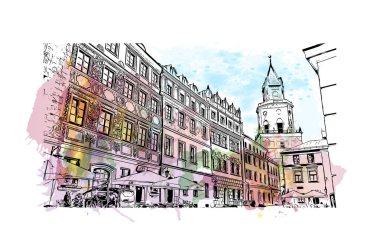 Lublin 'in simgesi olan Print Building View, Polonya' nın başkentidir. Vektörde elle çizilmiş resim ile suluboya sıçraması.