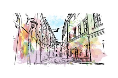 Lublin 'in simgesi olan Print Building View, Polonya' nın başkentidir. Vektörde elle çizilmiş resim ile suluboya sıçraması.