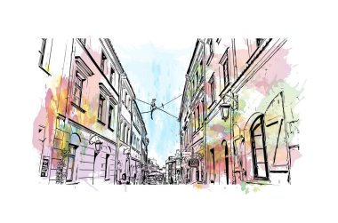 Lublin 'in simgesi olan Print Building View, Polonya' nın başkentidir. Vektörde elle çizilmiş resim ile suluboya sıçraması.