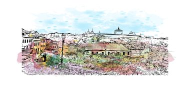 Lublin 'in simgesi olan Print Building View, Polonya' nın başkentidir. Vektörde elle çizilmiş resim ile suluboya sıçraması.