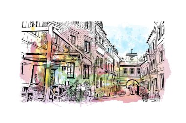 Lublin 'in simgesi olan Print Building View, Polonya' nın başkentidir. Vektörde elle çizilmiş resim ile suluboya sıçraması.