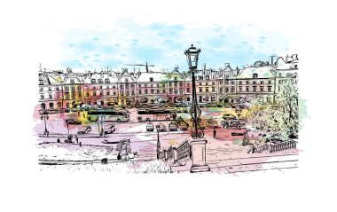 Lublin 'in simgesi olan Print Building View, Polonya' nın başkentidir. Vektörde elle çizilmiş resim ile suluboya sıçraması.