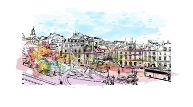 Lublin 'in simgesi olan Print Building View, Polonya' nın başkentidir. Vektörde elle çizilmiş resim ile suluboya sıçraması.