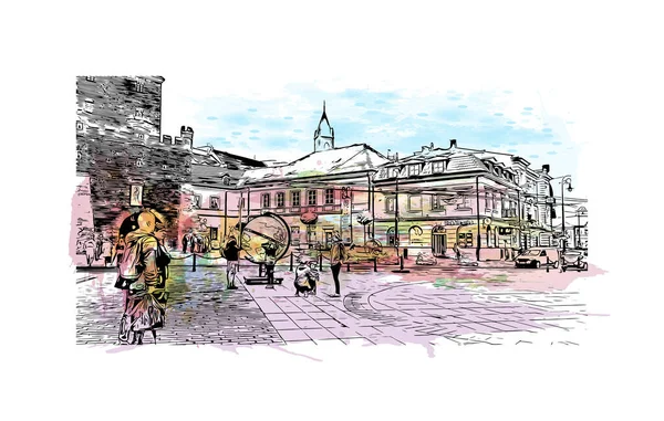 Afdrukken Gebouwenzicht Met Herkenningsteken Van Lublin Stad Polen Aquarel Plons — Stockvector