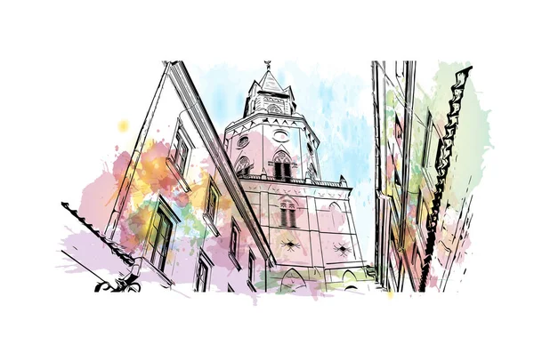 印刷ルブリンのランドマークとビルの景色はポーランドの街です 手描きのスケッチイラストと水彩スプラッシュベクトル — ストックベクタ