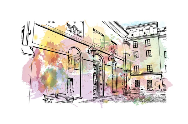 Print Building View Landmark Lublin Staden Polen Akvarell Stänk Med — Stock vektor