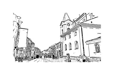 Lublin 'in simgesi olan Print Building View, Polonya' nın başkentidir. Vektörde elle çizilmiş çizim çizimi.