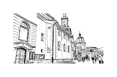 Lublin 'in simgesi olan Print Building View, Polonya' nın başkentidir. Vektörde elle çizilmiş çizim çizimi.