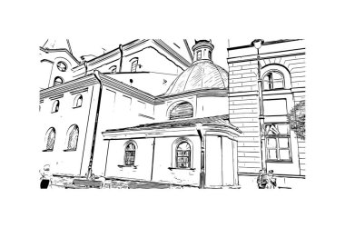 Lublin 'in simgesi olan Print Building View, Polonya' nın başkentidir. Vektörde elle çizilmiş çizim çizimi.