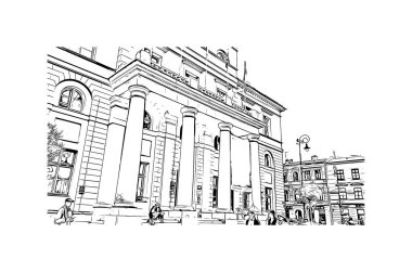 Lublin 'in simgesi olan Print Building View, Polonya' nın başkentidir. Vektörde elle çizilmiş çizim çizimi.