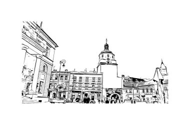 Lublin 'in simgesi olan Print Building View, Polonya' nın başkentidir. Vektörde elle çizilmiş çizim çizimi.