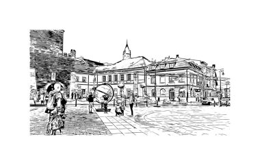 Lublin 'in simgesi olan Print Building View, Polonya' nın başkentidir. Vektörde elle çizilmiş çizim çizimi.