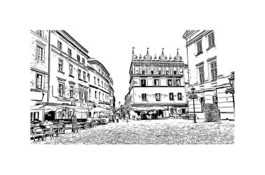 Lublin 'in simgesi olan Print Building View, Polonya' nın başkentidir. Vektörde elle çizilmiş çizim çizimi.