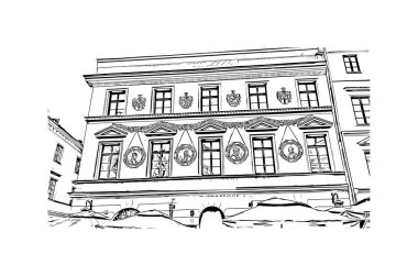 Lublin 'in simgesi olan Print Building View, Polonya' nın başkentidir. Vektörde elle çizilmiş çizim çizimi.