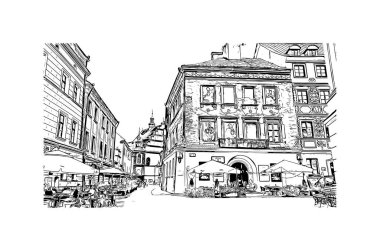 Lublin 'in simgesi olan Print Building View, Polonya' nın başkentidir. Vektörde elle çizilmiş çizim çizimi.