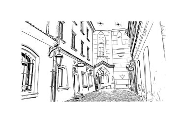 Lublin 'in simgesi olan Print Building View, Polonya' nın başkentidir. Vektörde elle çizilmiş çizim çizimi.