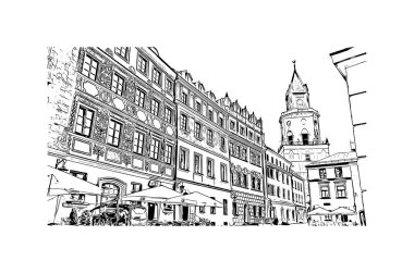 Lublin 'in simgesi olan Print Building View, Polonya' nın başkentidir. Vektörde elle çizilmiş çizim çizimi.
