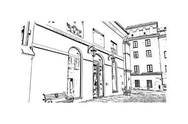 Lublin 'in simgesi olan Print Building View, Polonya' nın başkentidir. Vektörde elle çizilmiş çizim çizimi.