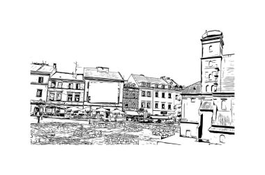 Lublin 'in simgesi olan Print Building View, Polonya' nın başkentidir. Vektörde elle çizilmiş çizim çizimi.