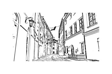 Lublin 'in simgesi olan Print Building View, Polonya' nın başkentidir. Vektörde elle çizilmiş çizim çizimi.