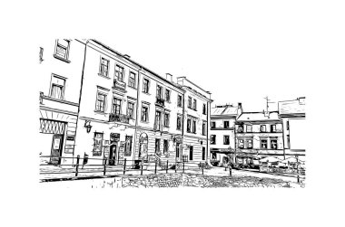 Lublin 'in simgesi olan Print Building View, Polonya' nın başkentidir. Vektörde elle çizilmiş çizim çizimi.