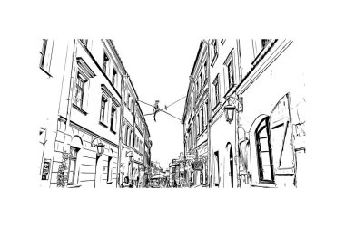Lublin 'in simgesi olan Print Building View, Polonya' nın başkentidir. Vektörde elle çizilmiş çizim çizimi.