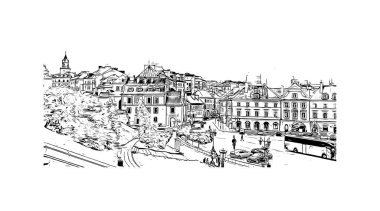Lublin 'in simgesi olan Print Building View, Polonya' nın başkentidir. Vektörde elle çizilmiş çizim çizimi.