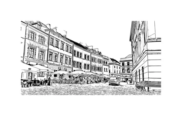 带有卢布林地标的印刷建筑景观是波兰的一个城市 矢量手绘草图 — 图库矢量图片