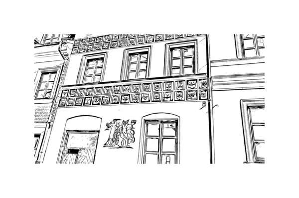 Imprimir Vista Edifício Com Marco Lublin Cidade Polônia Desenho Desenhado — Vetor de Stock