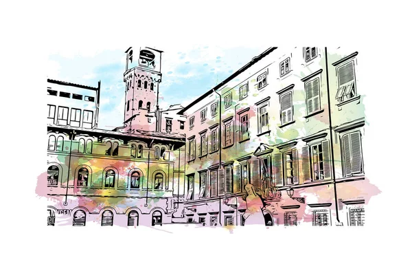 带有卢卡地标的印刷建筑景观是意大利的一个城市 矢量手绘示意图水彩画 — 图库矢量图片