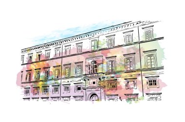 Lucca 'nın simgesi olan Print Building Manzarası İtalya' daki bir şehirdir. Vektörde elle çizilmiş resim ile suluboya sıçraması.