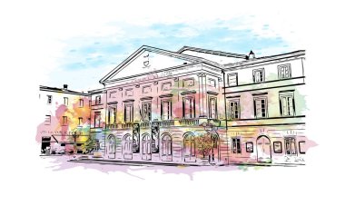 Lucca 'nın simgesi olan Print Building Manzarası İtalya' daki bir şehirdir. Vektörde elle çizilmiş resim ile suluboya sıçraması.