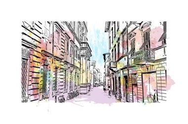 Lucca 'nın simgesi olan Print Building Manzarası İtalya' daki bir şehirdir. Vektörde elle çizilmiş resim ile suluboya sıçraması.