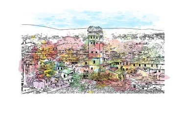 Lucca 'nın simgesi olan Print Building Manzarası İtalya' daki bir şehirdir. Vektörde elle çizilmiş resim ile suluboya sıçraması.