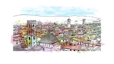 Lucca 'nın simgesi olan Print Building Manzarası İtalya' daki bir şehirdir. Vektörde elle çizilmiş resim ile suluboya sıçraması.