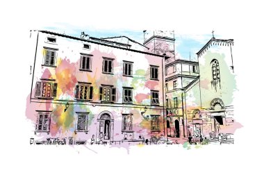 Lucca 'nın simgesi olan Print Building Manzarası İtalya' daki bir şehirdir. Vektörde elle çizilmiş resim ile suluboya sıçraması.